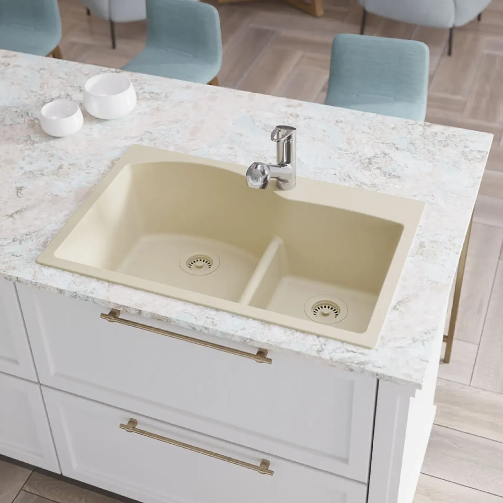 Rene 33" Composite Granite Kitchen Sink, 60/40 Double Bowl, Ecru, R3-2008-ECR-ST-CGF