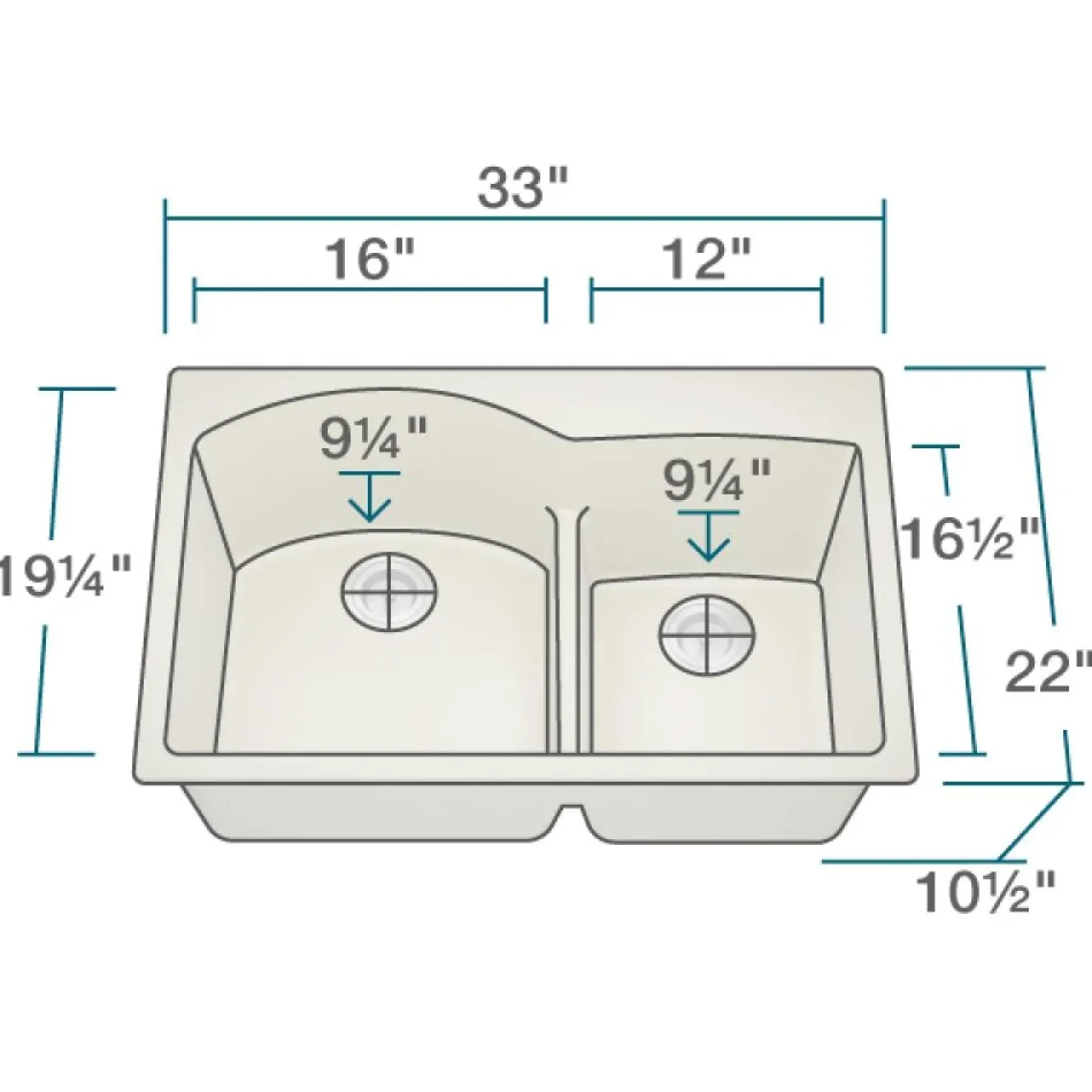 Rene 33" Composite Granite Kitchen Sink, 60/40 Double Bowl, Ecru, R3-2008-ECR-ST-CGF