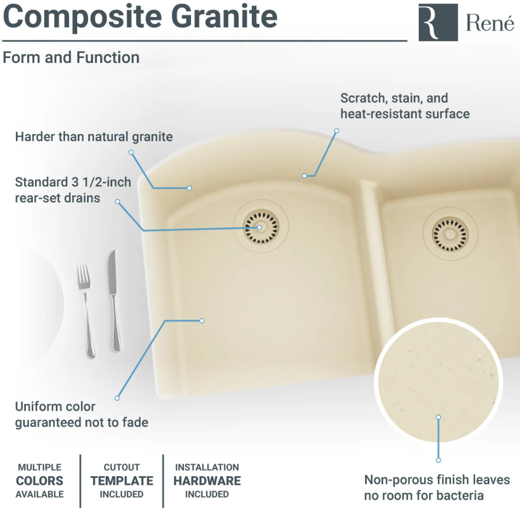 Rene 33" Composite Granite Kitchen Sink, 60/40 Double Bowl, Ecru, R3-1008-ECR-ST-CGS