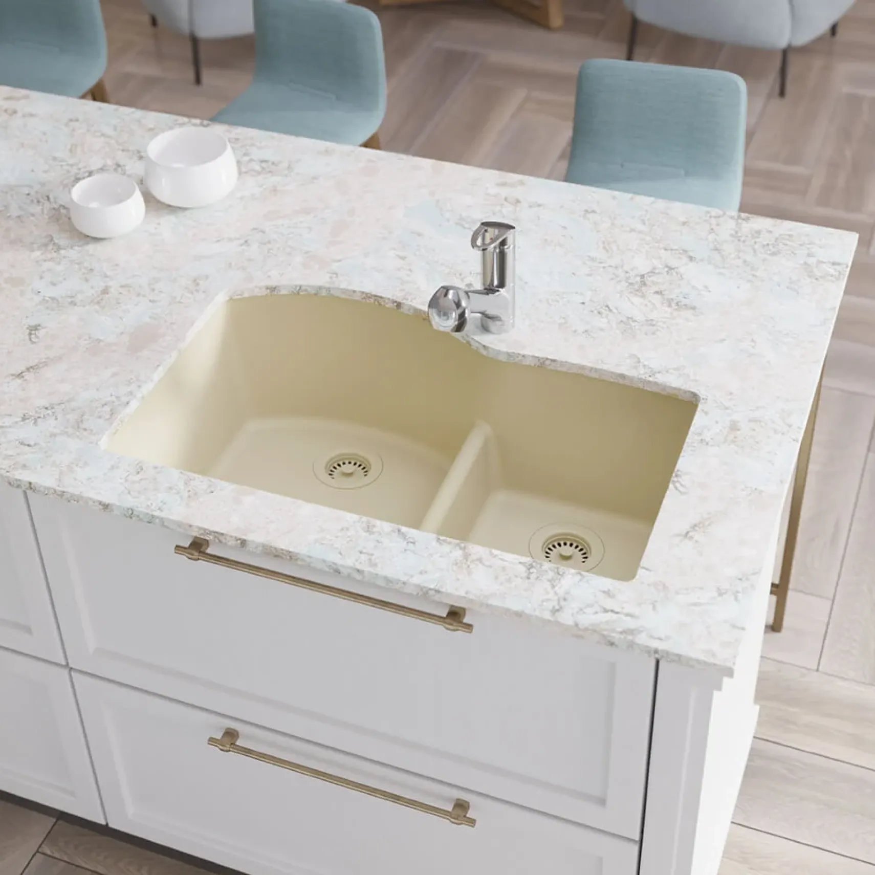 Rene 33" Composite Granite Kitchen Sink, 60/40 Double Bowl, Ecru, R3-1008-ECR-ST-CGS