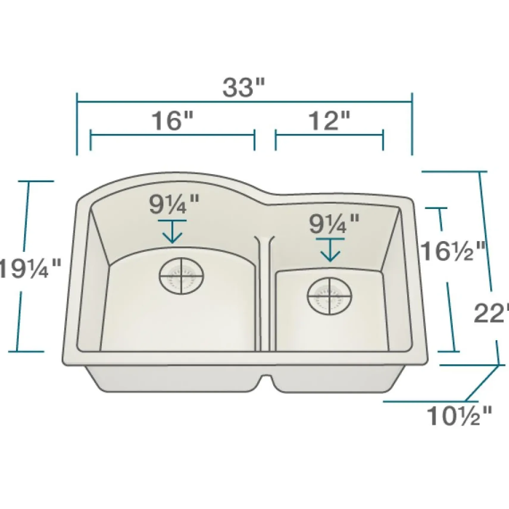 Rene 33" Composite Granite Kitchen Sink, 60/40 Double Bowl, Ecru, R3-1008-ECR-ST-CGS