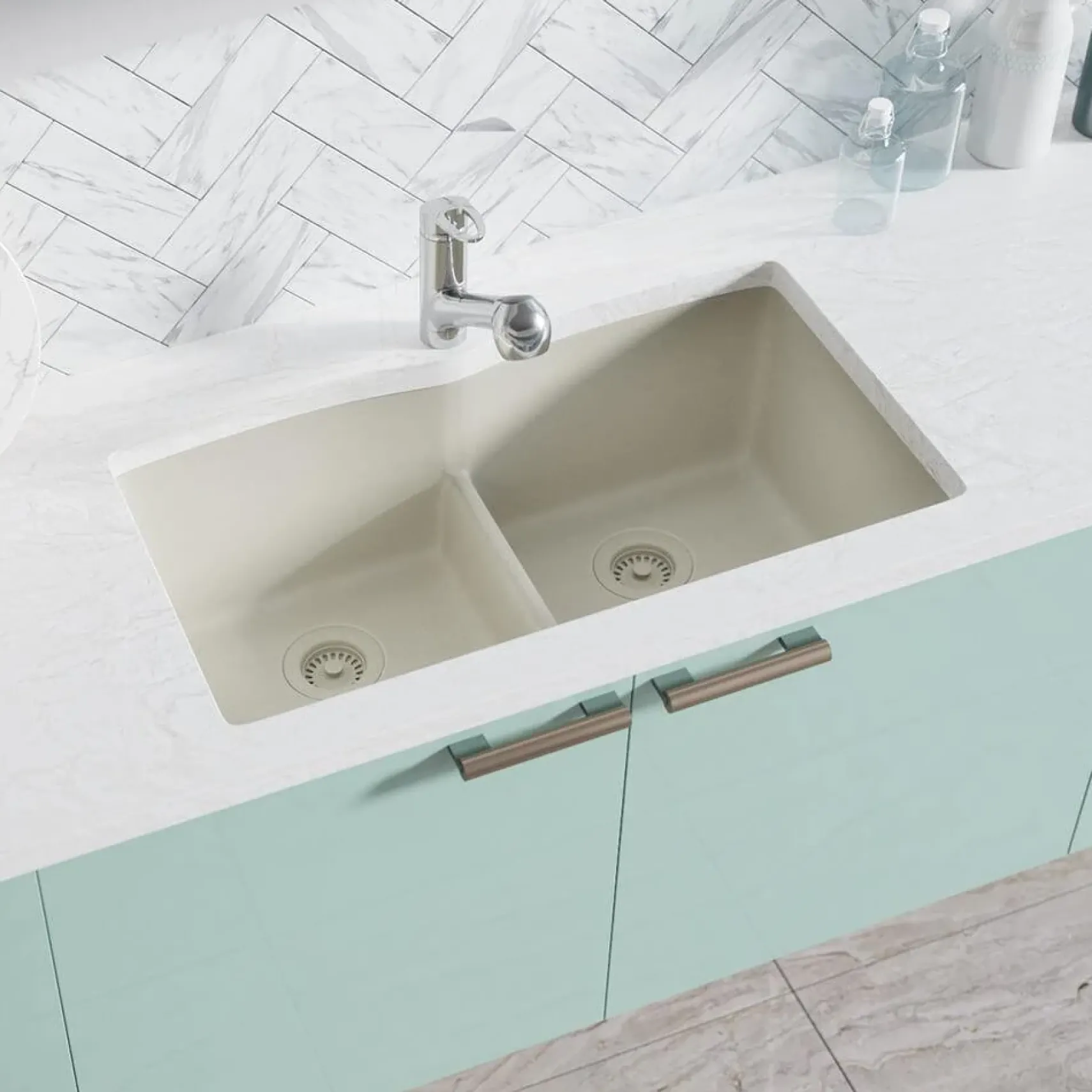 Rene 33" Composite Granite Kitchen Sink, 50/50 Double Bowl, Concrete, R3-1007-CON-ST-CGS