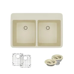 Rene 33" Composite Granite Kitchen Sink, 50/50 Double Bowl, Ecru, R3-2002-ECR-ST-CGF