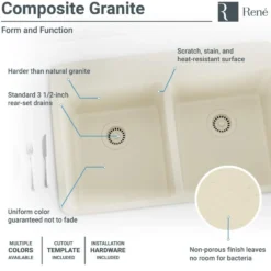 Rene 33" Composite Granite Kitchen Sink, 50/50 Double Bowl, Ecru, R3-2002-ECR-ST-CGF