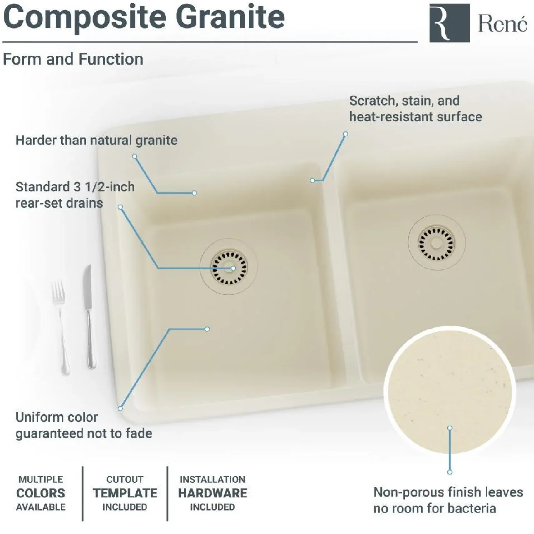 Rene 33" Composite Granite Kitchen Sink, 50/50 Double Bowl, Ecru, R3-2002-ECR-ST-CGF