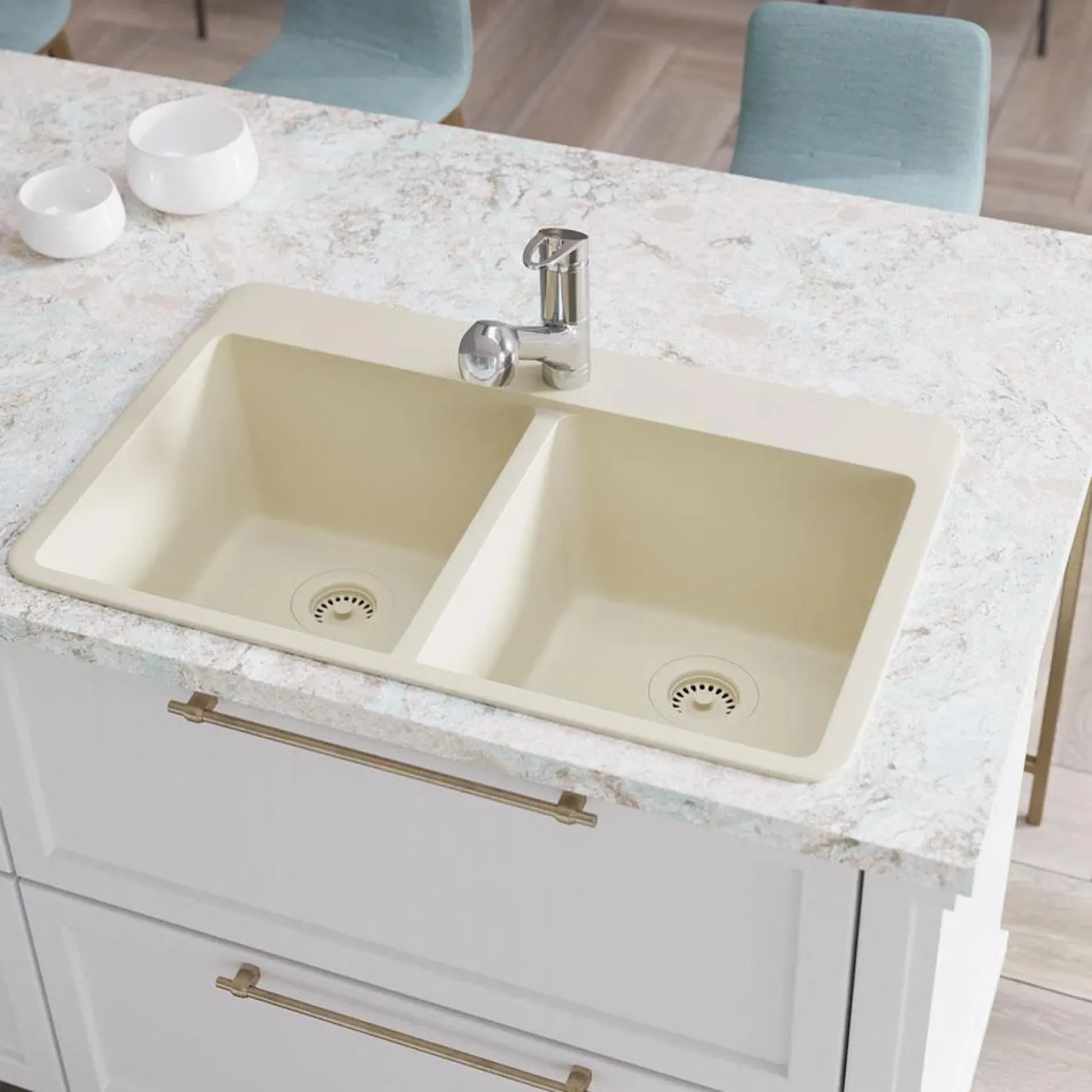 Rene 33" Composite Granite Kitchen Sink, 50/50 Double Bowl, Ecru, R3-2002-ECR-ST-CGF
