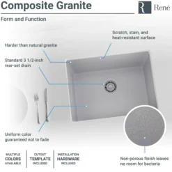 Rene 22" Composite Granite Kitchen Sink, Pewter, R3-1004-PWT-ST-CGS