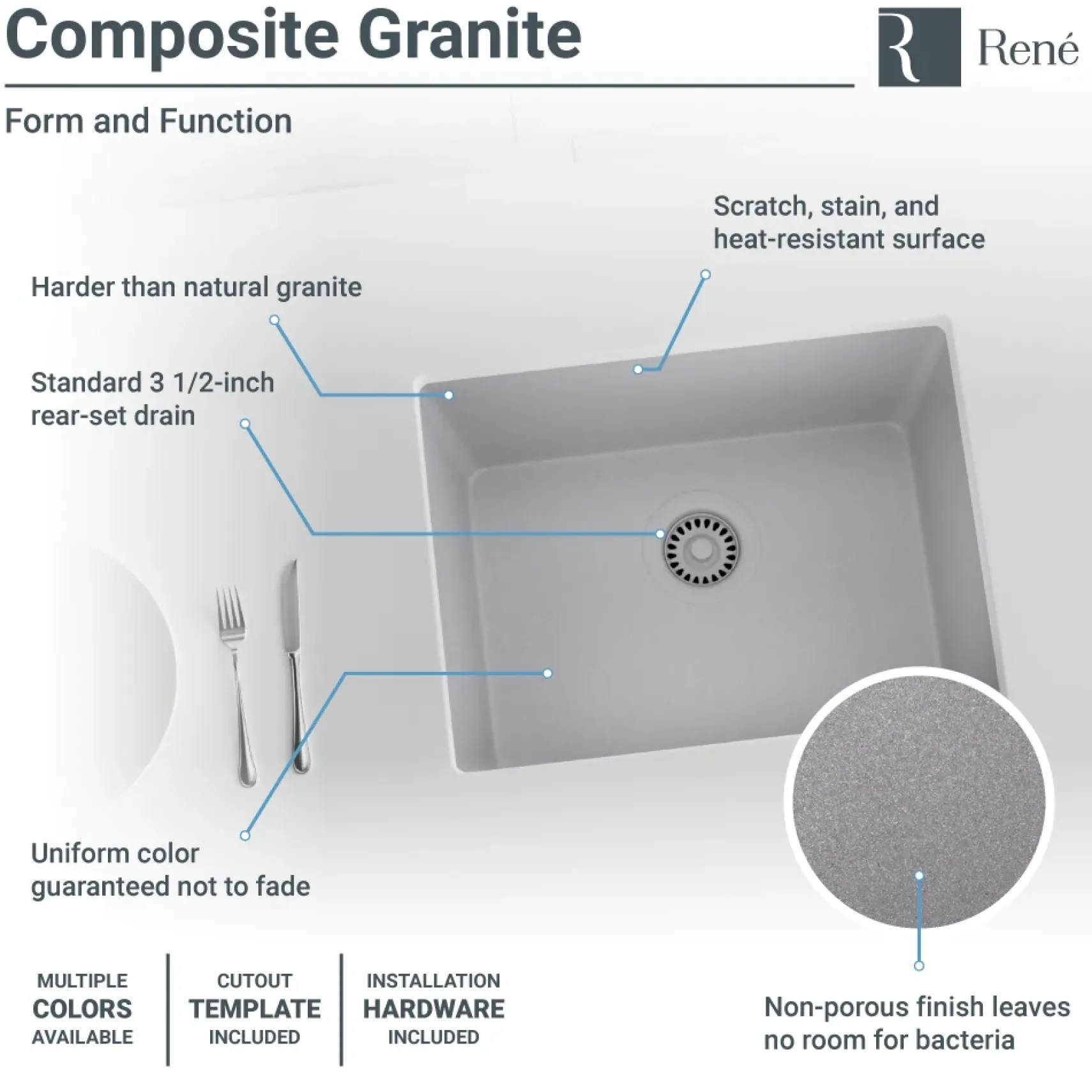 Rene 22" Composite Granite Kitchen Sink, Pewter, R3-1004-PWT-ST-CGS