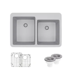 Rene 33" Composite Granite Kitchen Sink, 60/40 Double Bowl, Pewter, R3-2001-PWT-ST-CGS