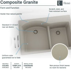 Rene 33" Composite Granite Kitchen Sink, 60/40 Double Bowl, Concrete, R3-2008-CON-ST-CGS