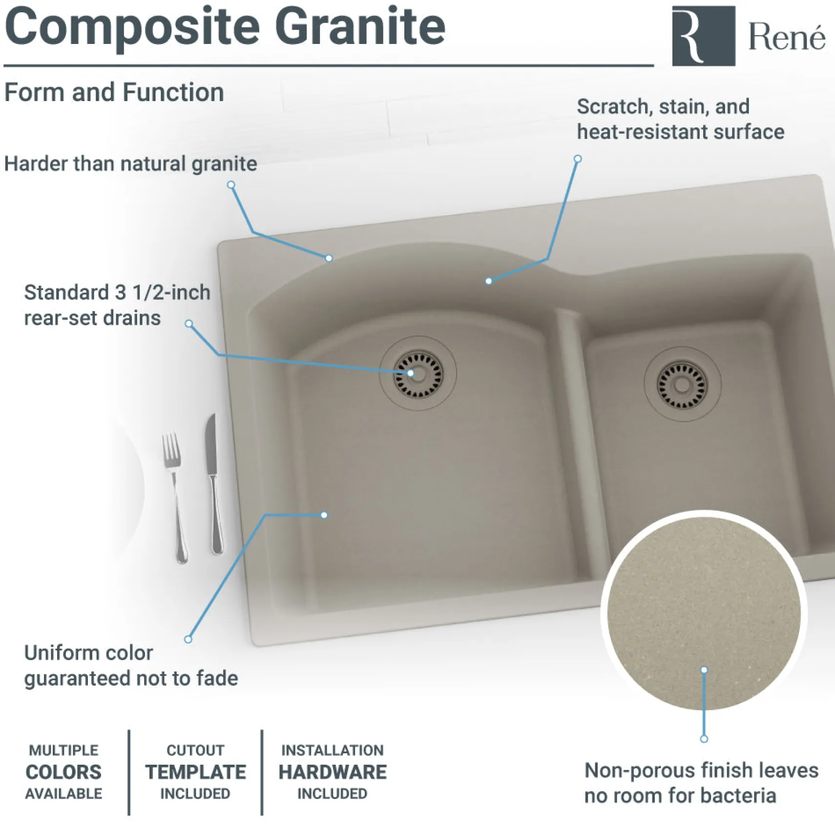 Rene 33" Composite Granite Kitchen Sink, 60/40 Double Bowl, Concrete, R3-2008-CON-ST-CGS