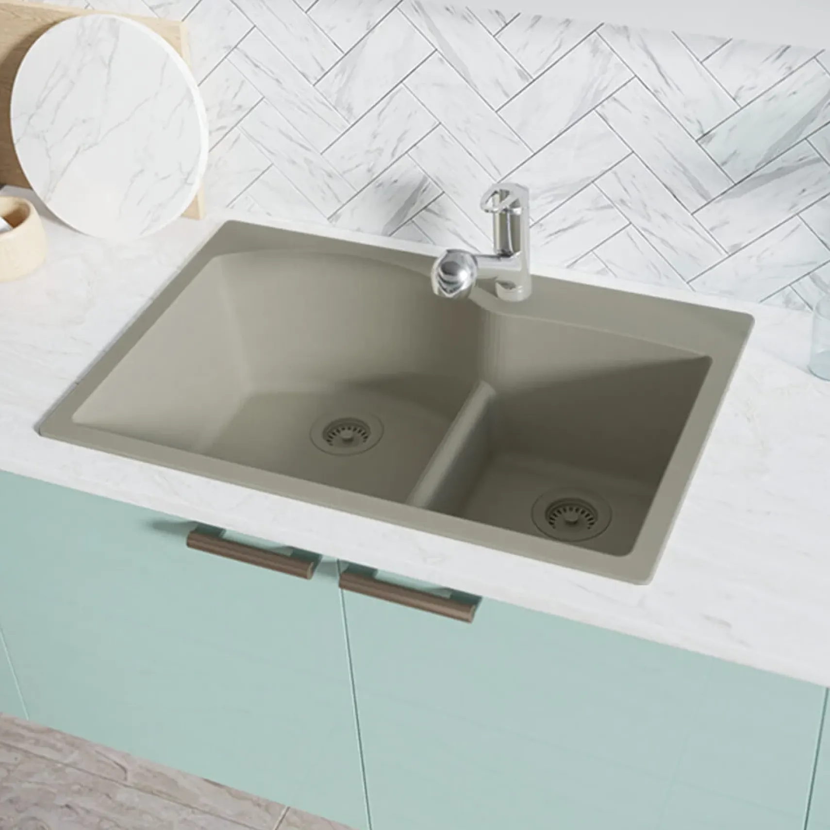 Rene 33" Composite Granite Kitchen Sink, 60/40 Double Bowl, Concrete, R3-2008-CON-ST-CGS
