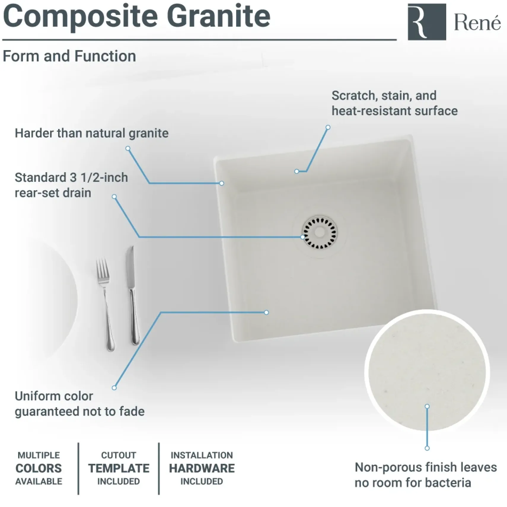 Rene 18" Composite Granite Kitchen Sink, Ivory, R3-1003-IVR-ST-CGF