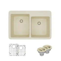 Rene 33" Composite Granite Kitchen Sink, 60/40 Double Bowl, Ecru, R3-2001-ECR-ST-CGS