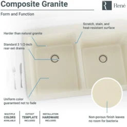 Rene 33" Composite Granite Kitchen Sink, 60/40 Double Bowl, Ecru, R3-2001-ECR-ST-CGS