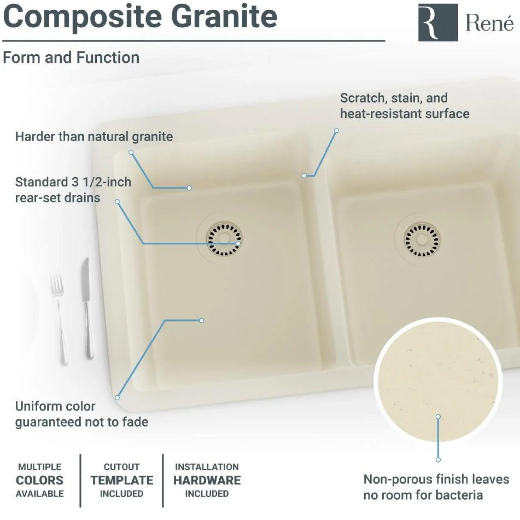Rene 33" Composite Granite Kitchen Sink, 60/40 Double Bowl, Ecru, R3-2001-ECR-ST-CGS