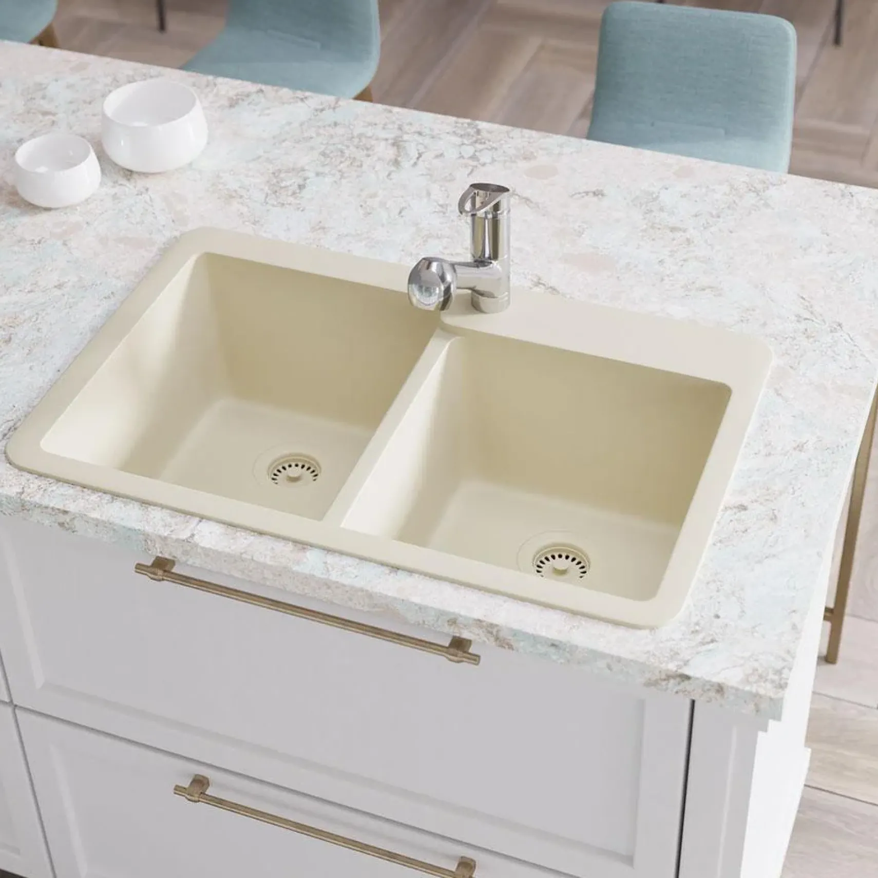 Rene 33" Composite Granite Kitchen Sink, 60/40 Double Bowl, Ecru, R3-2001-ECR-ST-CGS