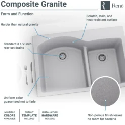 Rene 33" Composite Granite Kitchen Sink, 60/40 Double Bowl, Pewter, R3-2008-PWT-ST-CGS