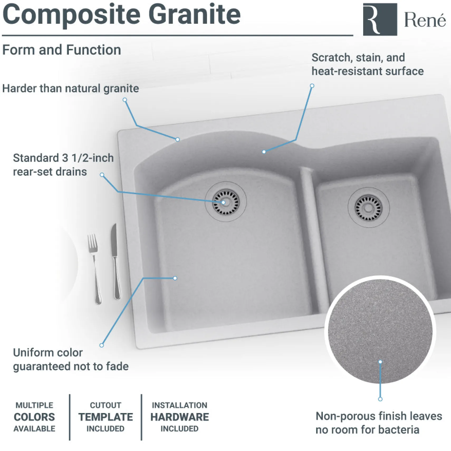 Rene 33" Composite Granite Kitchen Sink, 60/40 Double Bowl, Pewter, R3-2008-PWT-ST-CGS