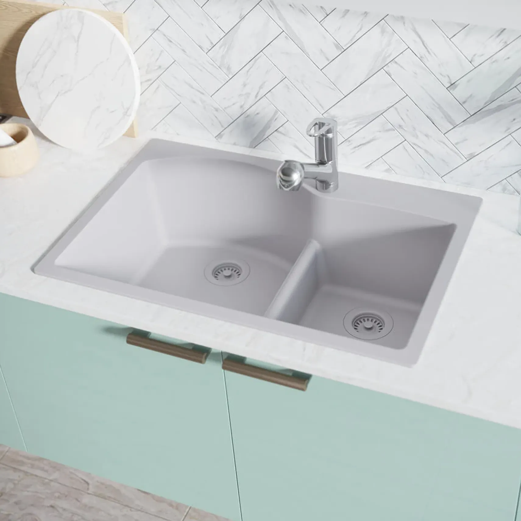 Rene 33" Composite Granite Kitchen Sink, 60/40 Double Bowl, Pewter, R3-2008-PWT-ST-CGS
