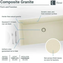 Rene 33" Composite Granite Kitchen Sink, Ecru, R3-1006-ECR-ST-CGF