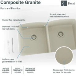 Rene 33" Composite Granite Kitchen Sink, 50/50 Double Bowl, Concrete, R3-1007-CON-ST-CGF