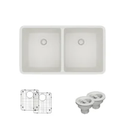 Rene 33" Composite Granite Kitchen Sink, 50/50 Double Bowl, Ivory, R3-1002-IVR-ST-CGS