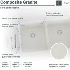 Rene 33" Composite Granite Kitchen Sink, 50/50 Double Bowl, Ivory, R3-1002-IVR-ST-CGS