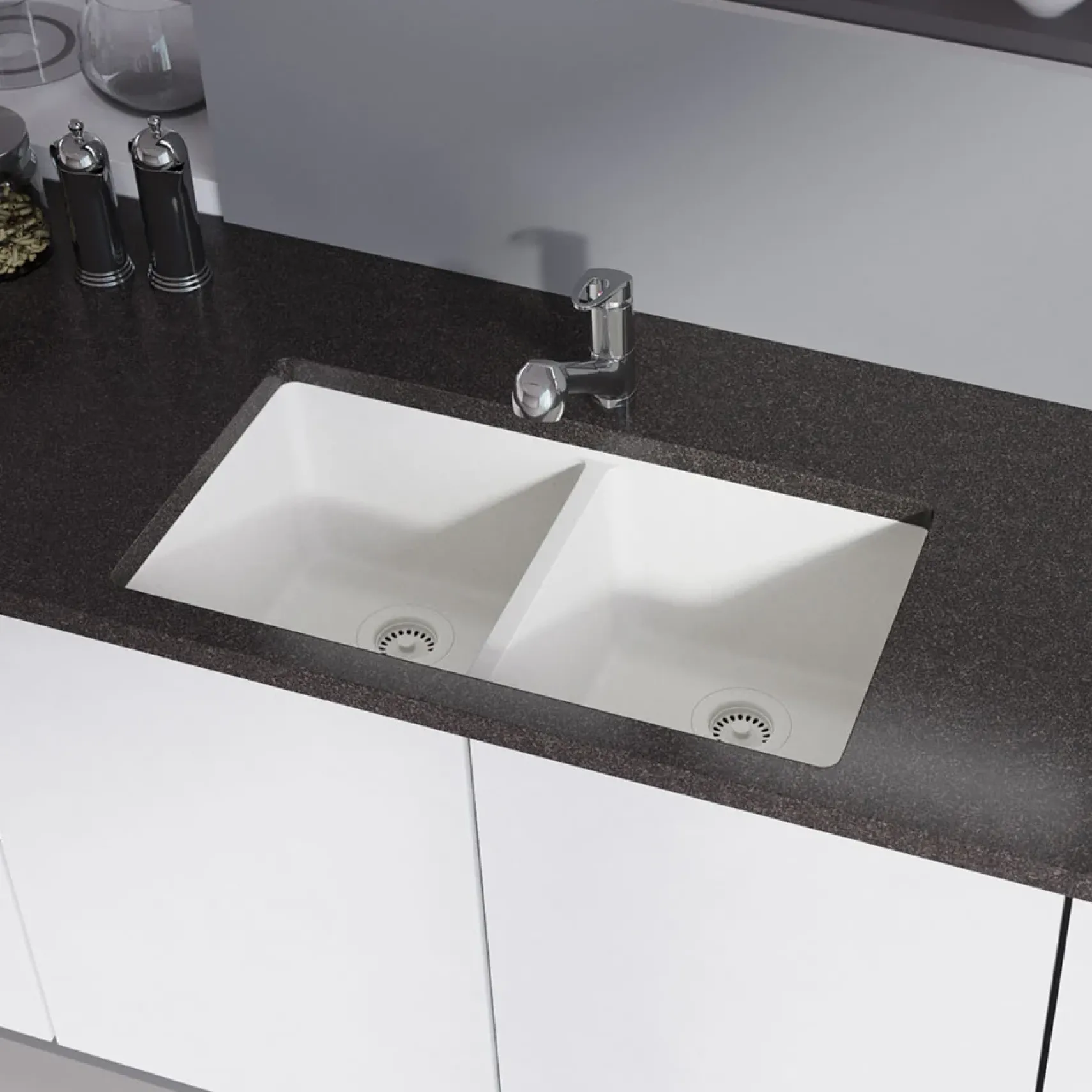 Rene 33" Composite Granite Kitchen Sink, 50/50 Double Bowl, Ivory, R3-1002-IVR-ST-CGS