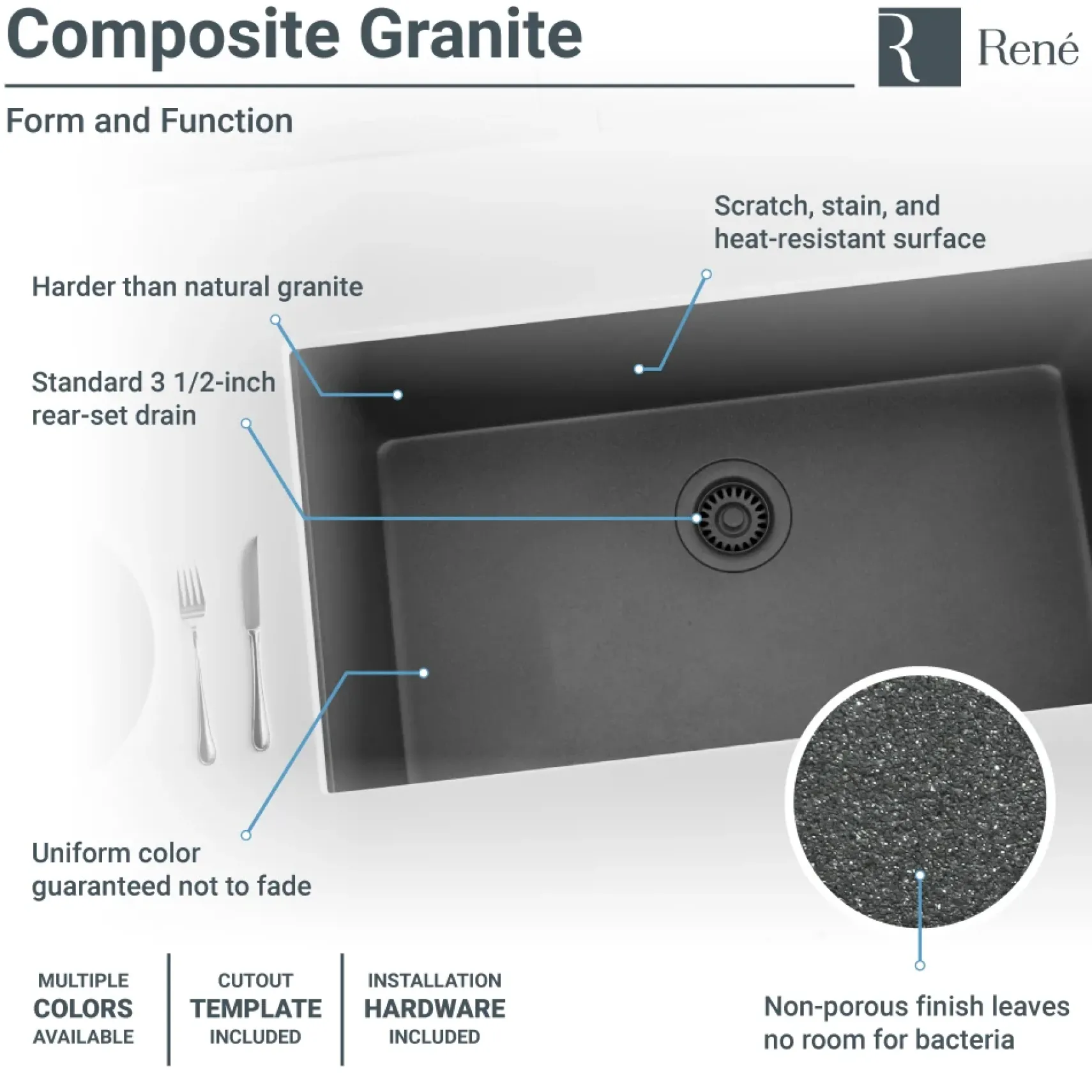 Rene 33" Composite Granite Kitchen Sink, Carbon, R3-1006-CAR-ST-CGF