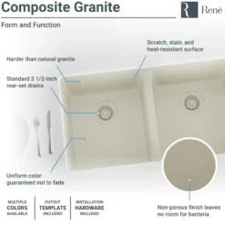 Rene 33" Composite Granite Kitchen Sink, 50/50 Double Bowl, Concrete, R3-1002-CON-ST-CGF
