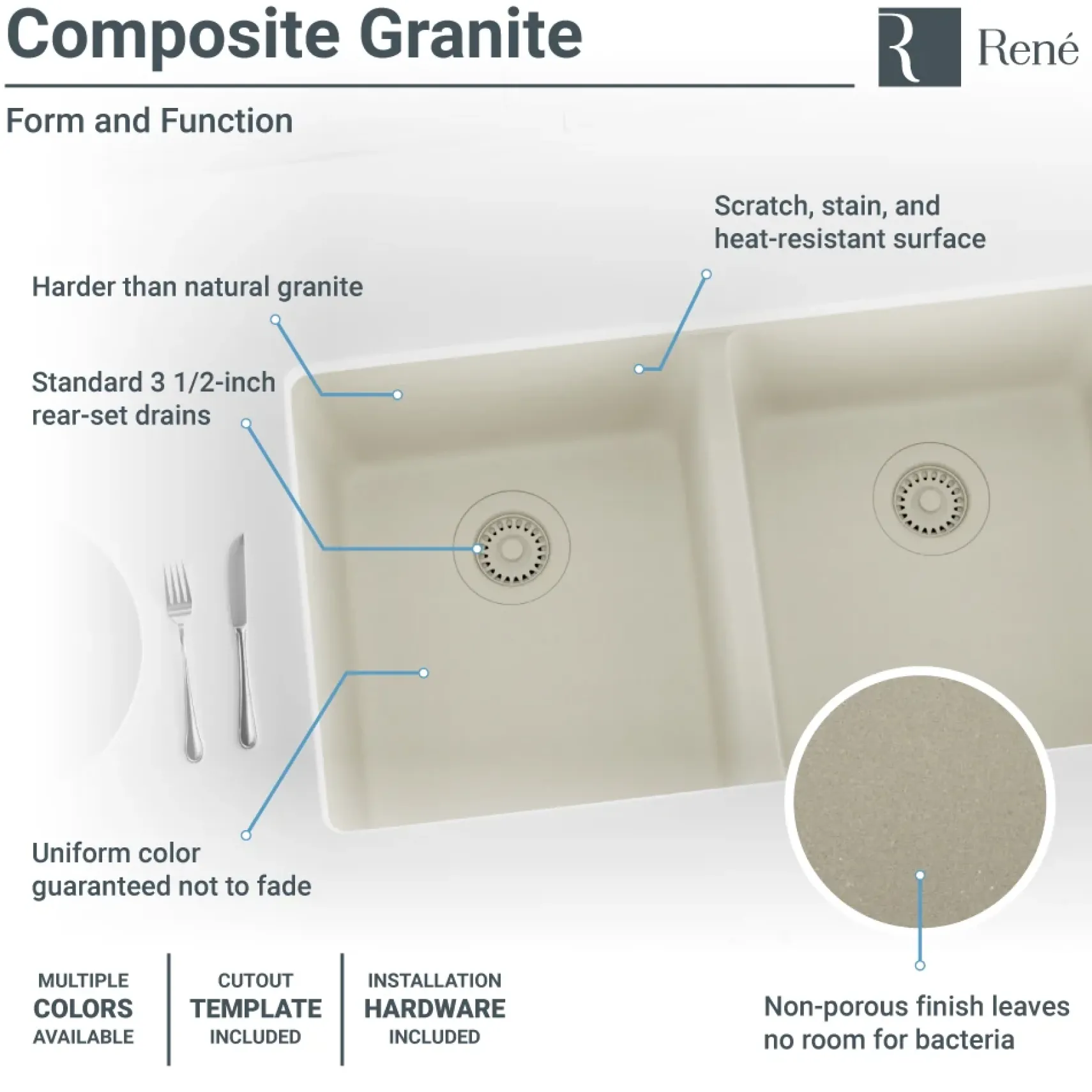 Rene 33" Composite Granite Kitchen Sink, 50/50 Double Bowl, Concrete, R3-1002-CON-ST-CGF