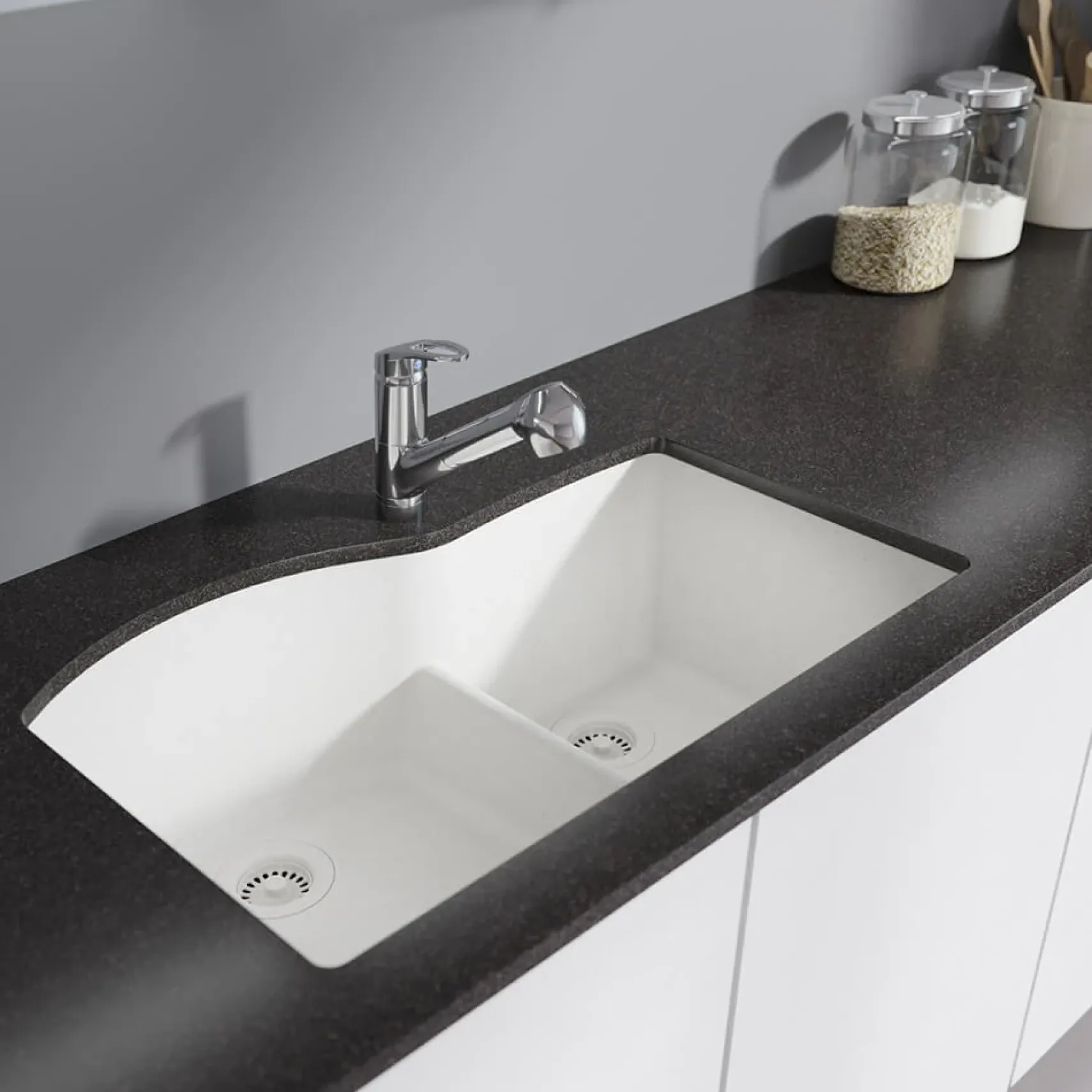 Rene 33" Composite Granite Kitchen Sink, 60/40 Double Bowl, Ivory, R3-1008-IVR-ST-CGS