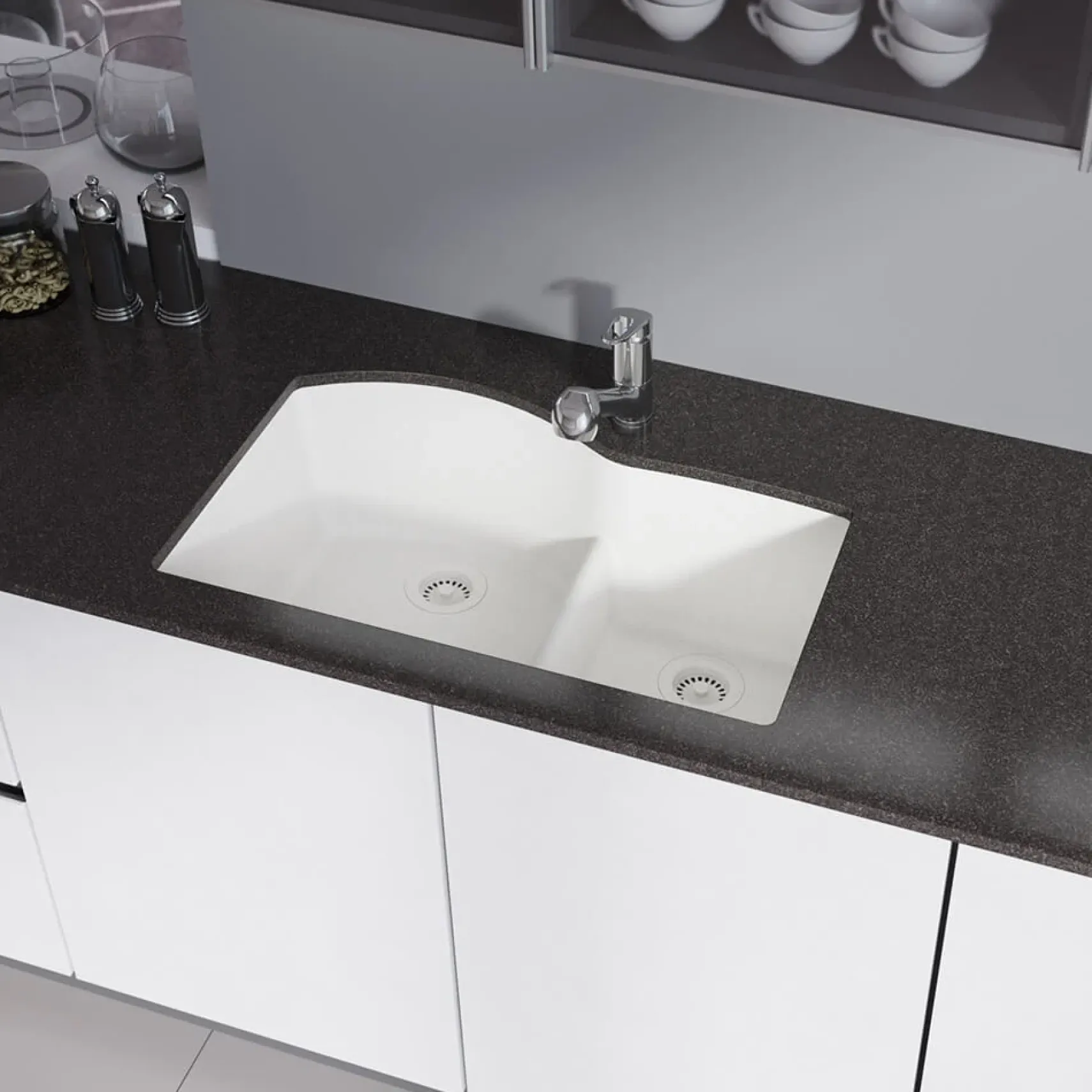 Rene 33" Composite Granite Kitchen Sink, 60/40 Double Bowl, Ivory, R3-1008-IVR-ST-CGS
