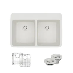 Rene 33" Composite Granite Kitchen Sink, 50/50 Double Bowl, Ivory, R3-2002-IVR-ST-CGF
