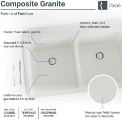 Rene 33" Composite Granite Kitchen Sink, 50/50 Double Bowl, Ivory, R3-2002-IVR-ST-CGF