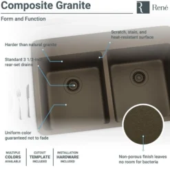 Rene 33" Composite Granite Kitchen Sink, 50/50 Double Bowl, Umber, R3-2002-UMB-ST-CGS