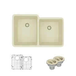 Rene 33" Composite Granite Kitchen Sink, 55/45 Double Bowl, Ecru, R3-1001-ECR-ST-CGS