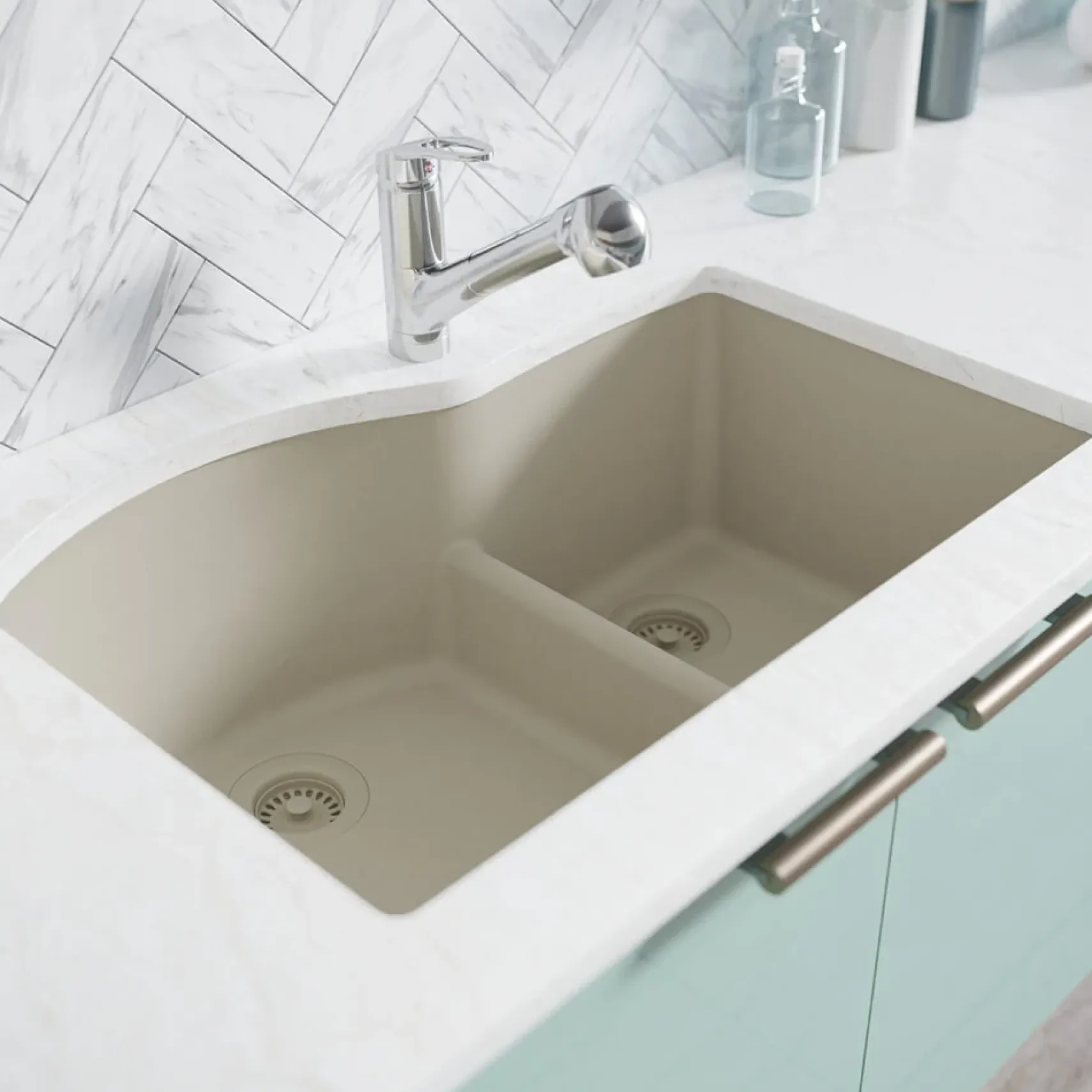 Rene 33" Composite Granite Kitchen Sink, 60/40 Double Bowl, Concrete, R3-1008-CON-ST-CGF