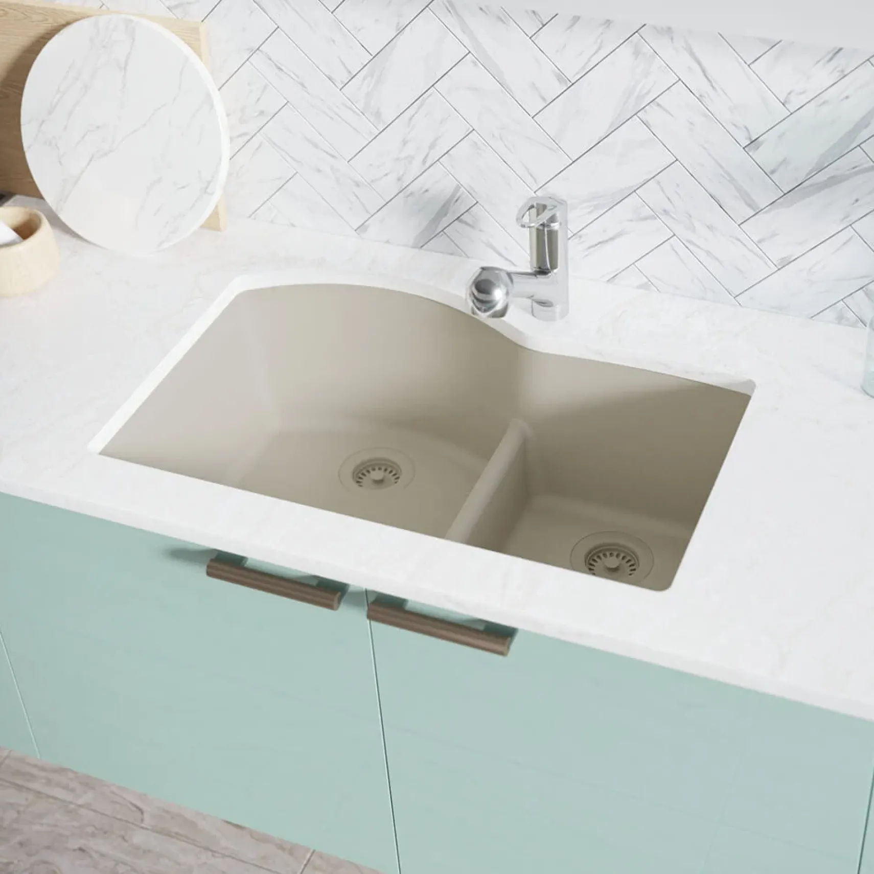 Rene 33" Composite Granite Kitchen Sink, 60/40 Double Bowl, Concrete, R3-1008-CON-ST-CGF