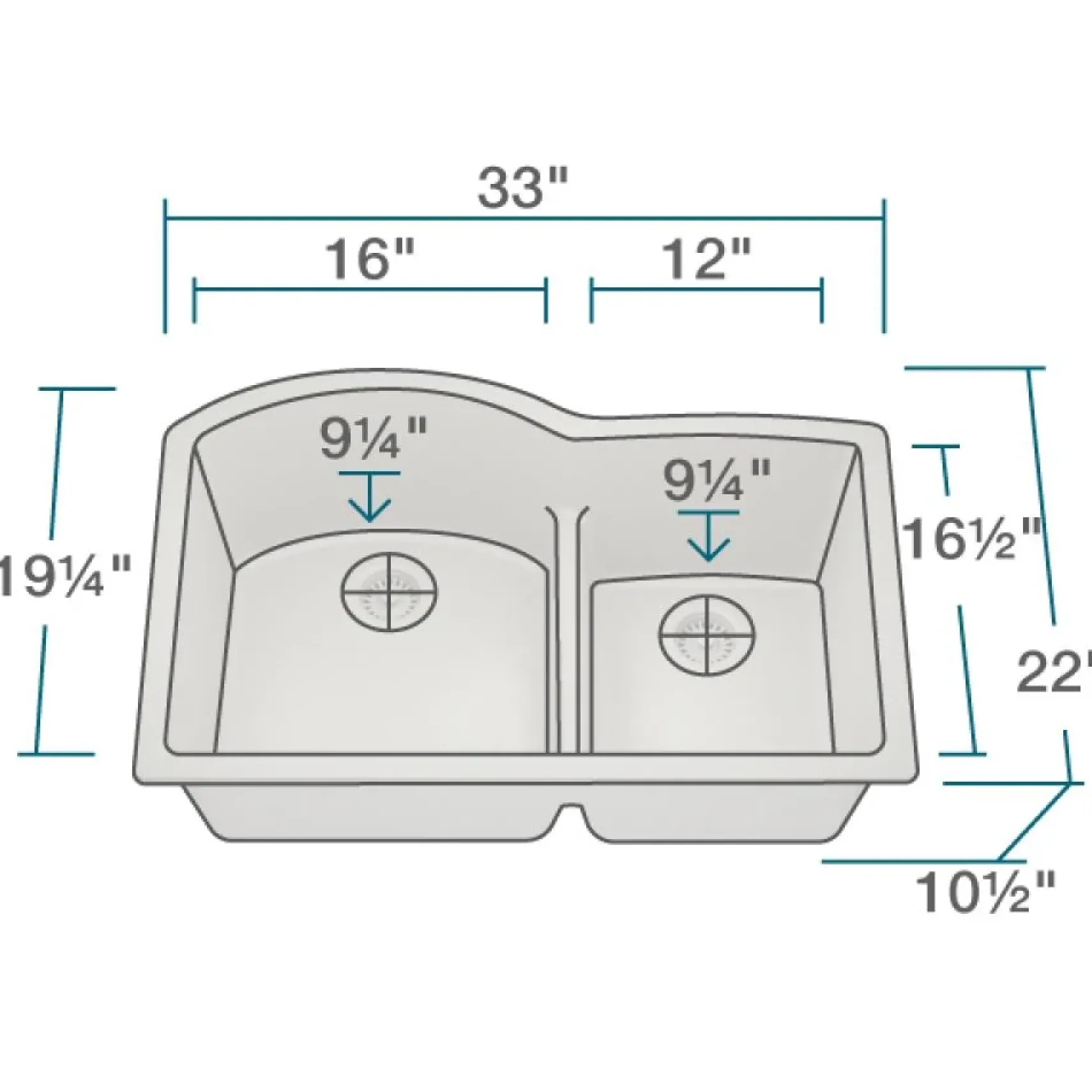 Rene 33" Composite Granite Kitchen Sink, 60/40 Double Bowl, Concrete, R3-1008-CON-ST-CGF