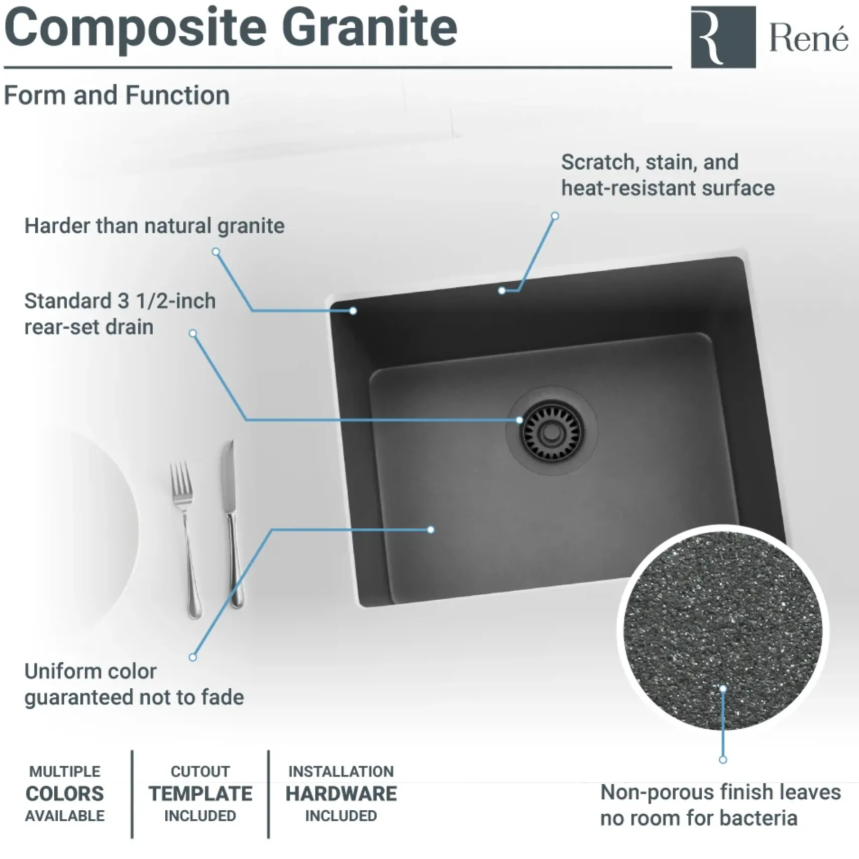 Rene 22" Composite Granite Kitchen Sink, Carbon, R3-1004-CAR-ST-CGF