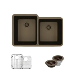 Rene 33" Composite Granite Kitchen Sink, 55/45 Double Bowl, Umber, R3-1001-UMB-ST-CGF