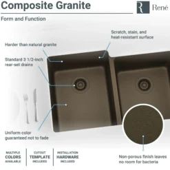 Rene 33" Composite Granite Kitchen Sink, 55/45 Double Bowl, Umber, R3-1001-UMB-ST-CGF