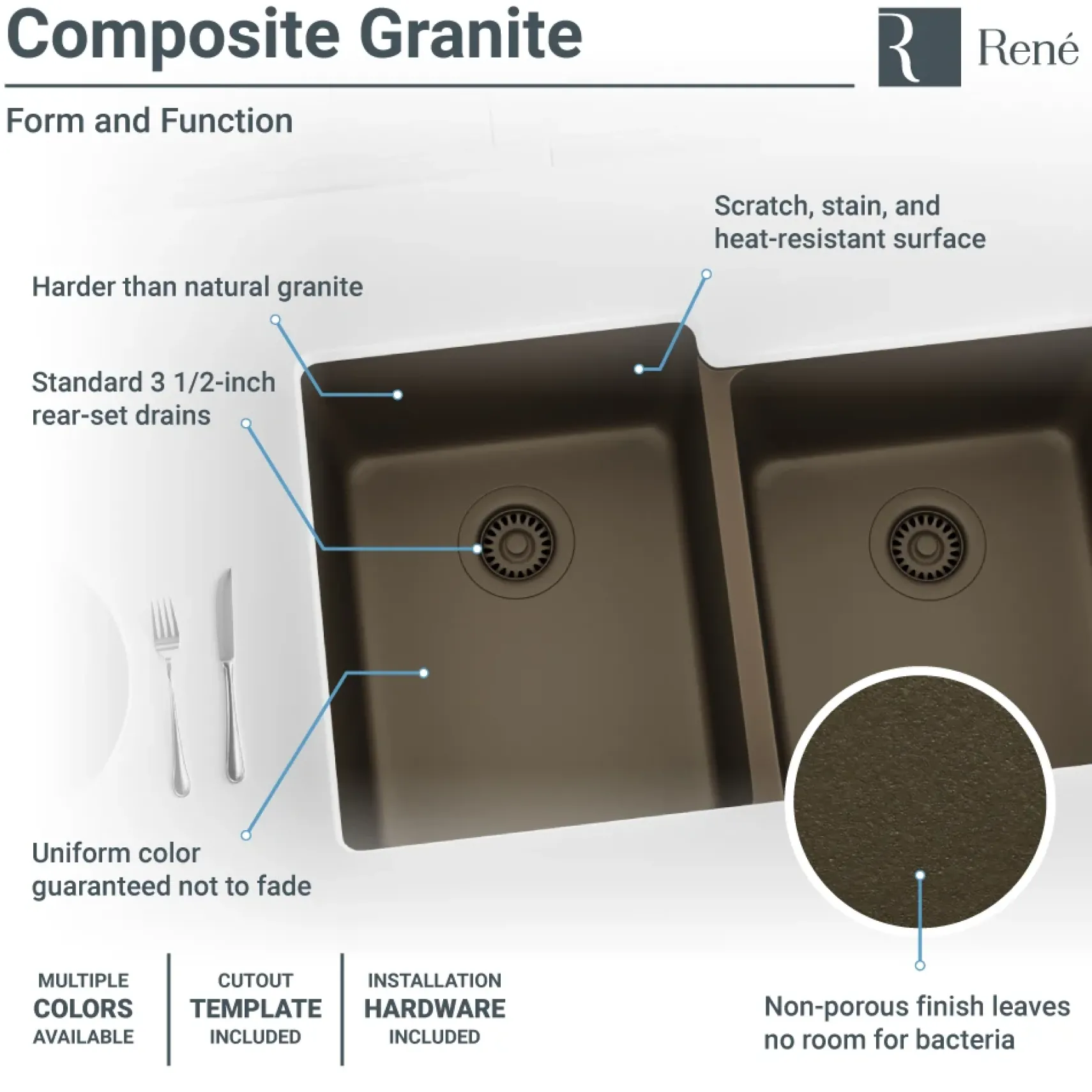 Rene 33" Composite Granite Kitchen Sink, 55/45 Double Bowl, Umber, R3-1001-UMB-ST-CGF