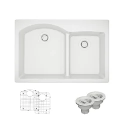 Rene 33" Composite Granite Kitchen Sink, 60/40 Double Bowl, Ivory, R3-2008-IVR-ST-CGS