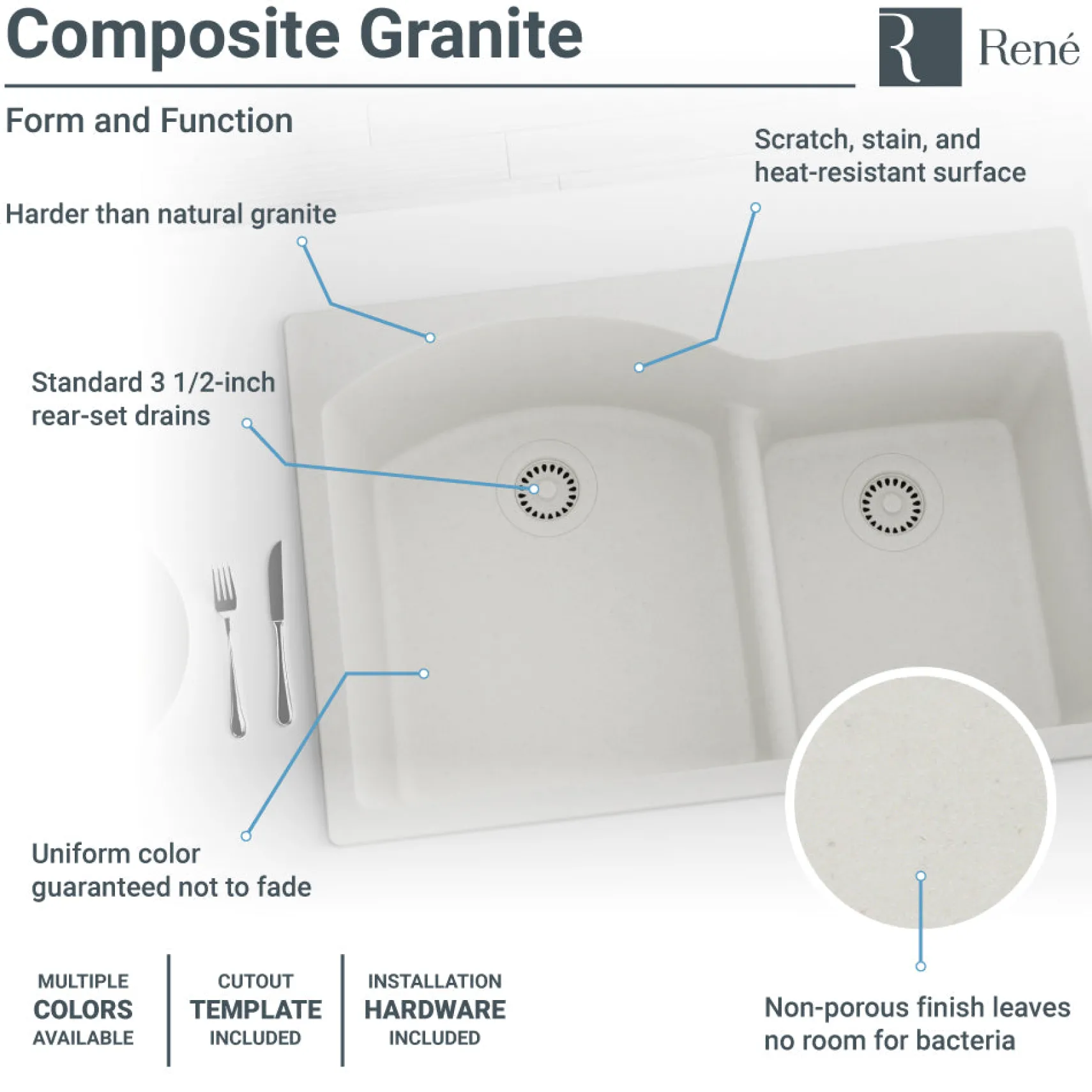 Rene 33" Composite Granite Kitchen Sink, 60/40 Double Bowl, Ivory, R3-2008-IVR-ST-CGS
