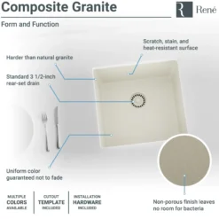 Rene 18" Composite Granite Kitchen Sink, Concrete, R3-1003-CON-ST-CGF
