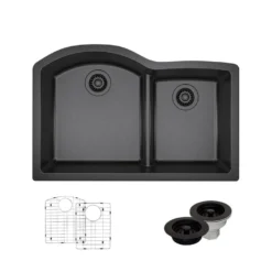 Rene 33" Composite Granite Kitchen Sink, 60/40 Double Bowl, Carbon, R3-1008-CAR-ST-CGF