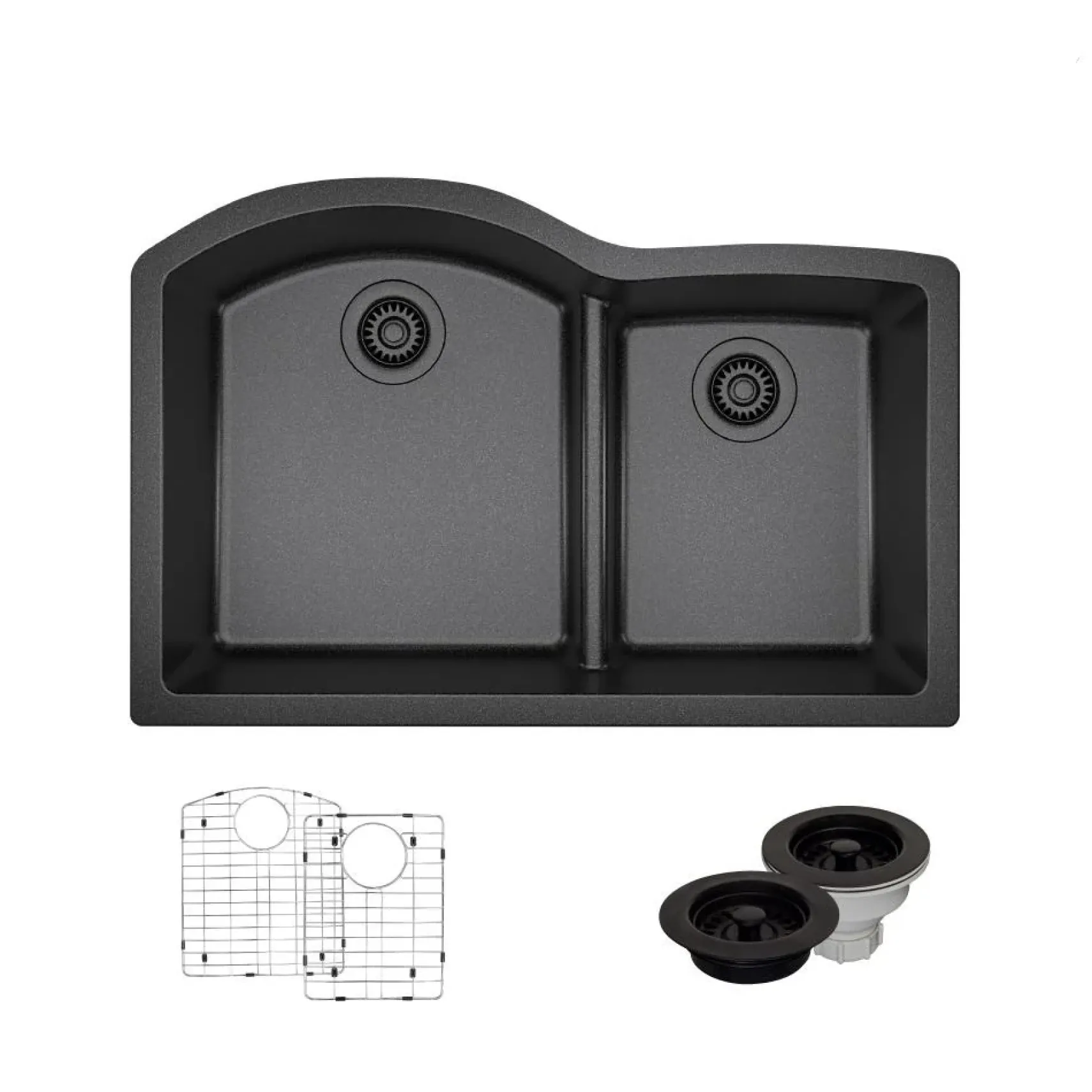 Rene 33" Composite Granite Kitchen Sink, 60/40 Double Bowl, Carbon, R3-1008-CAR-ST-CGF
